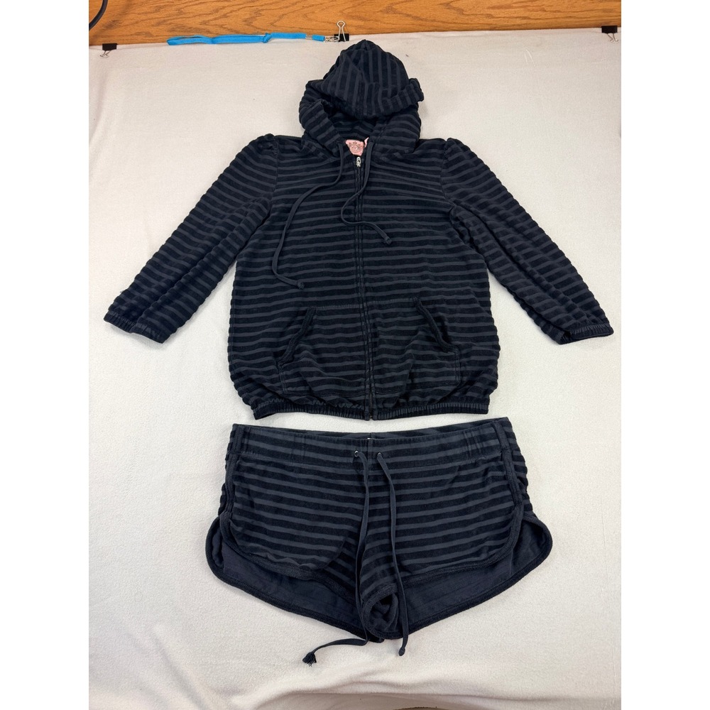 Vtg Juicy Couture Sz L Black Striped Terry Cloth zip Hoodie Shorts Set USA Y2k